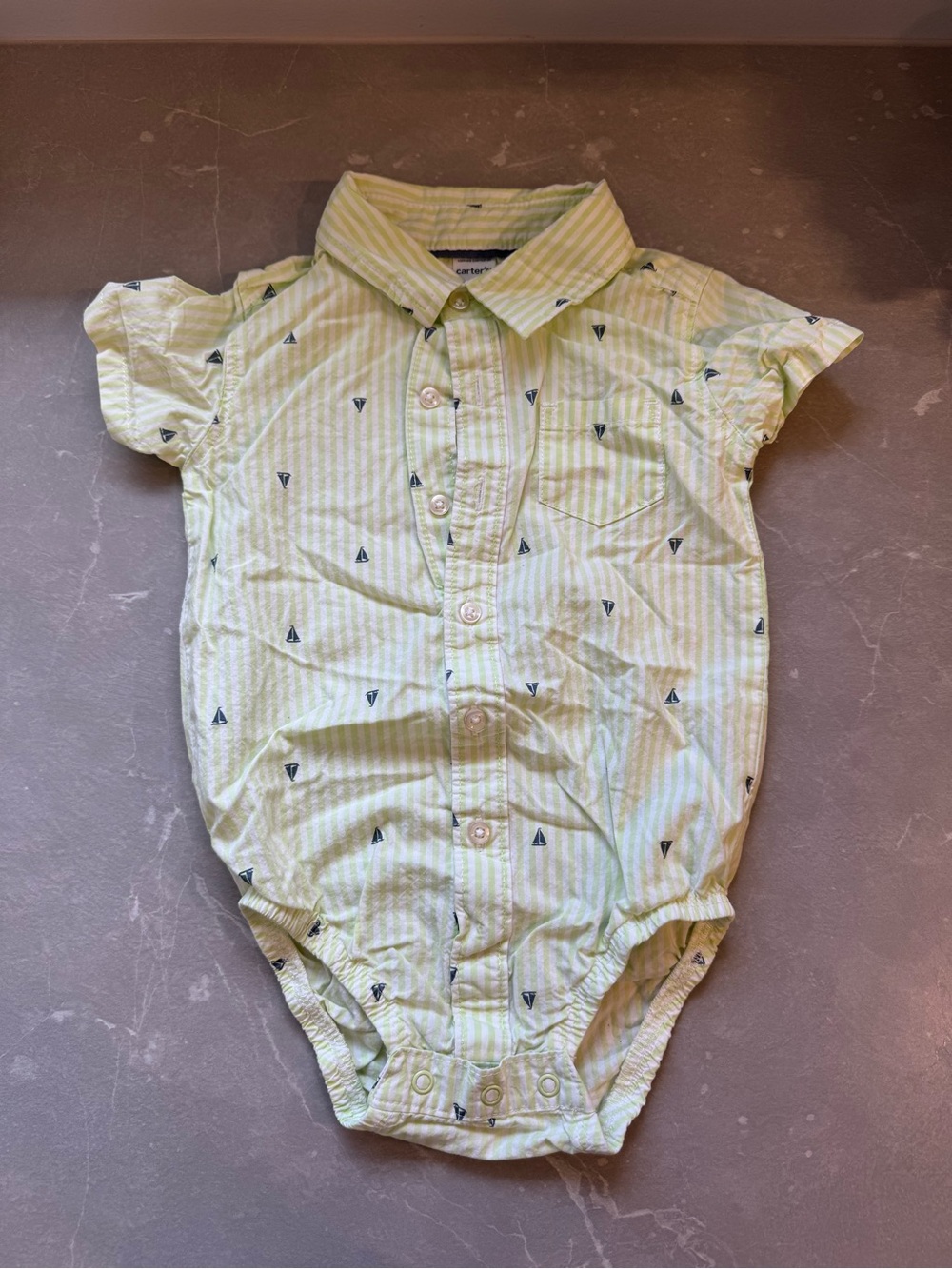 Carter's Light Green Striped Button-Front One-Piece with Navy Sailboat Motif